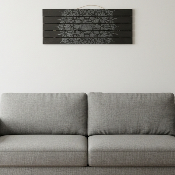 HANDCRAFTED Upcycled Black Wood Panel Board HANDPAINTED Mandala Wall Art Decor
